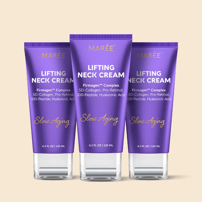 Three tubes of Marée Lifting Neck Cream on a beige background
