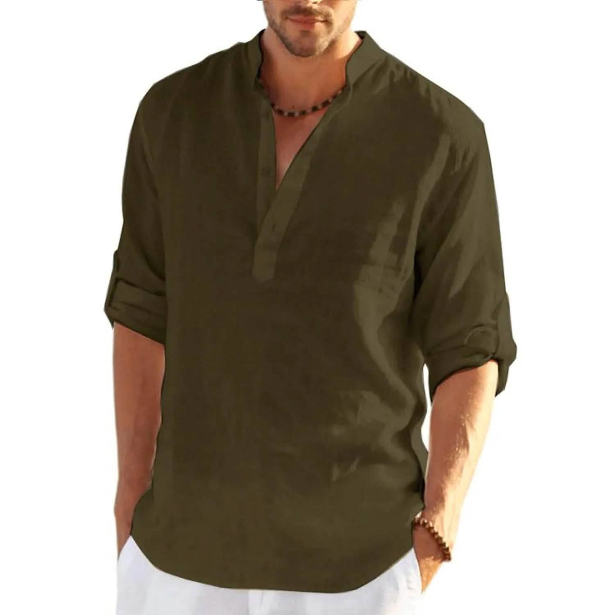 Man wearing the green stand-collar linen shirt with rolled-up sleeves on a white background