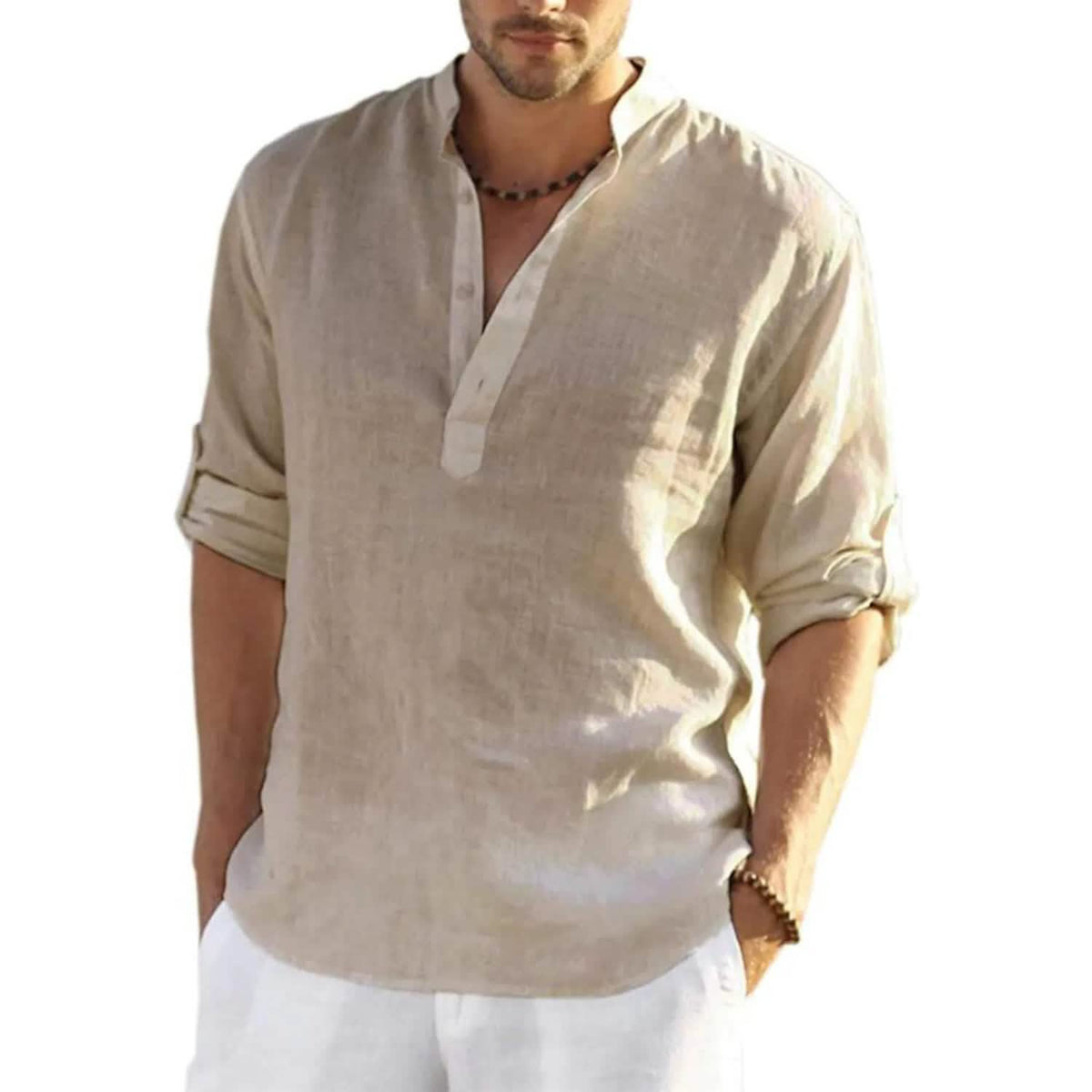 Man wearing a beige linen shirt with rolled-up sleeves on a white background
