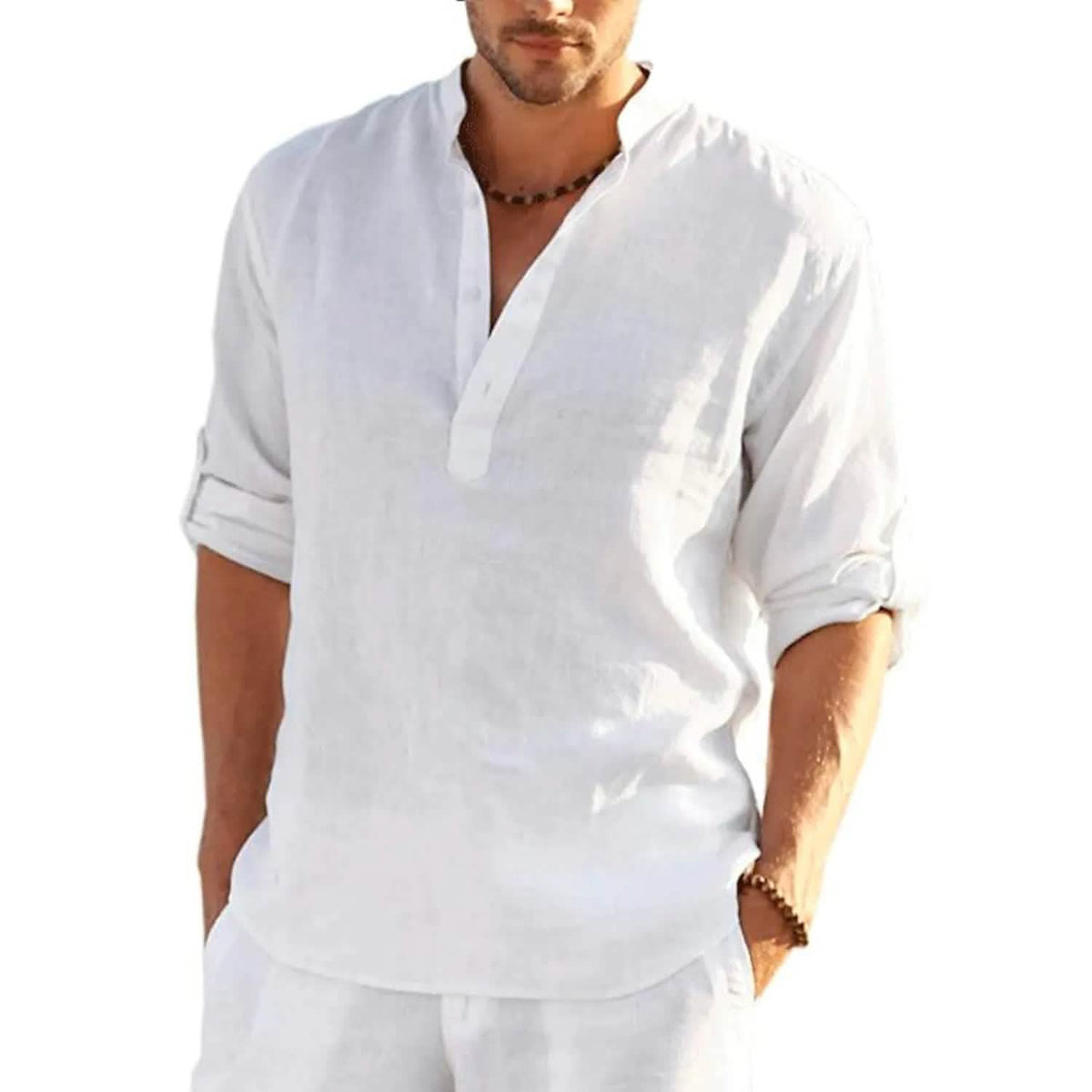 Man wearing a white short-sleeve shirt on a white background