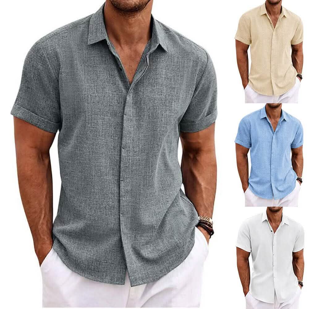A men's short-sleeve button-up shirt shown on a male model, with three smaller color variants on the right: beige, light blue, and white. The main shirt is heather gray with a textured linen-like finish.