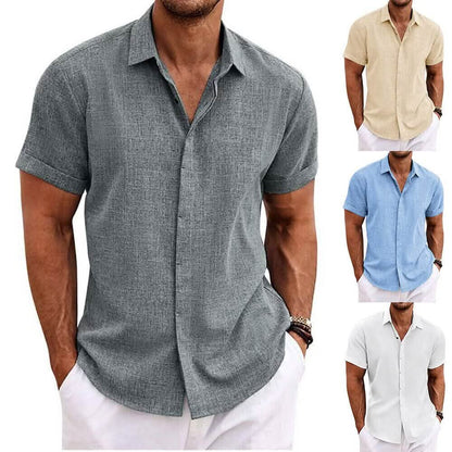 A men's short-sleeve button-up shirt shown on a male model, with three smaller color variants on the right: beige, light blue, and white. The main shirt is heather gray with a textured linen-like finish.