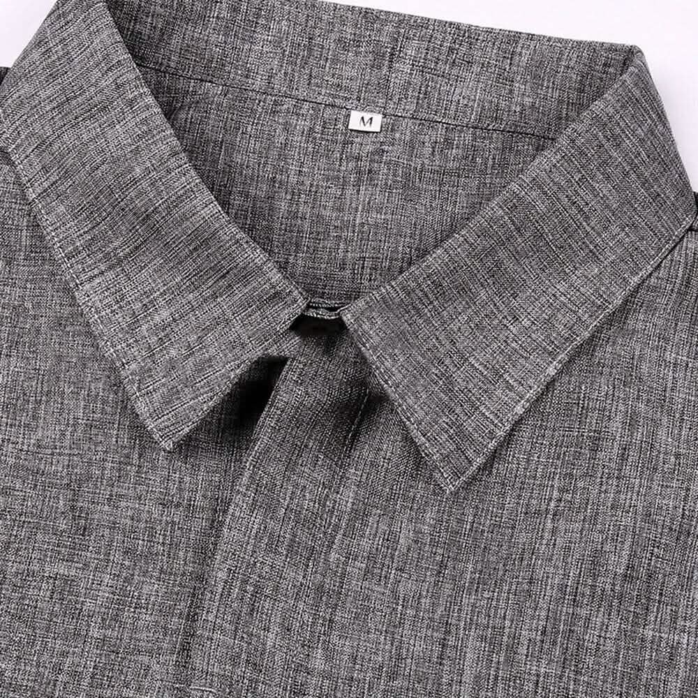 Close-up of a gray textured shirt with collar and brand label.