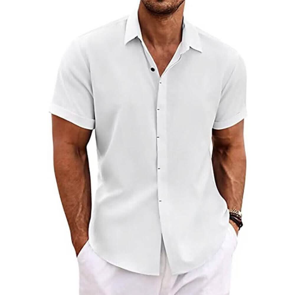 Man wearing a white short-sleeve shirt on a white background