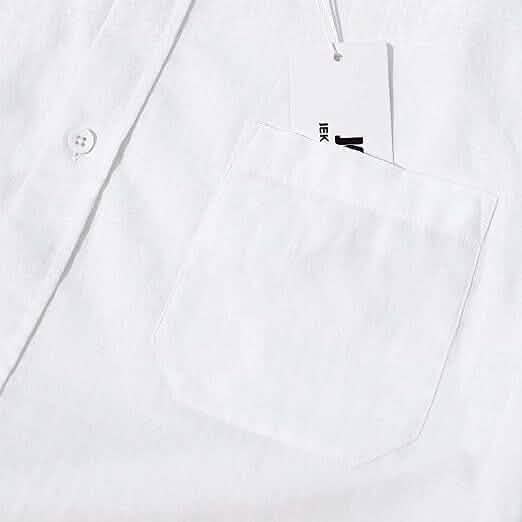 White shirt with a small black logo on the chest pocket against a white background