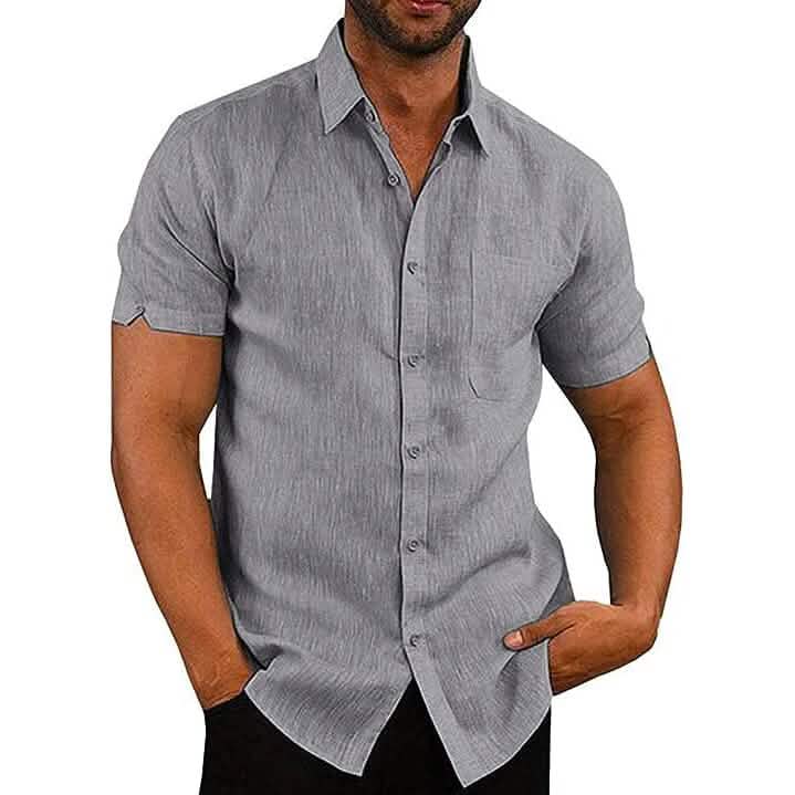 Man wearing a gray short-sleeve shirt on a white background