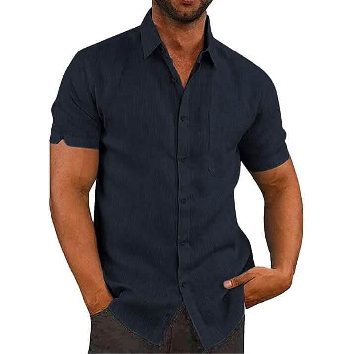 Man wearing a dark blue short-sleeve shirt on a white background