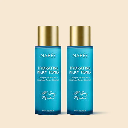 Two bottles of Maré Hydrating Milky Toner on a beige background