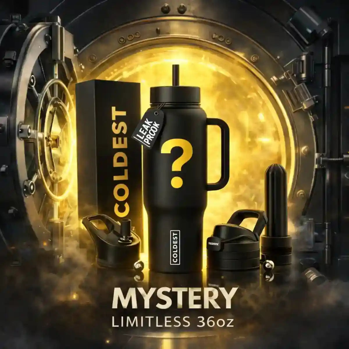 A promotional product shot showing a black insulated tumbler with a handle and lid, alongside its black box and accessory lids, set in front of a glowing gold vault door. Text on the image reads 'COLDEST', 'MYSTERY', and 'LIMITLESS 36oz'.