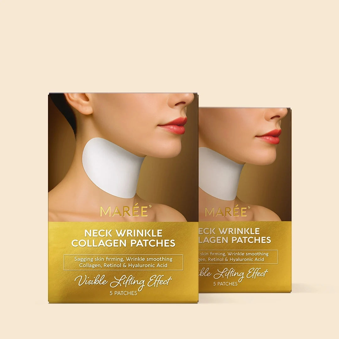 Two boxes of Marée neck wrinkle collagen patches on a beige background
