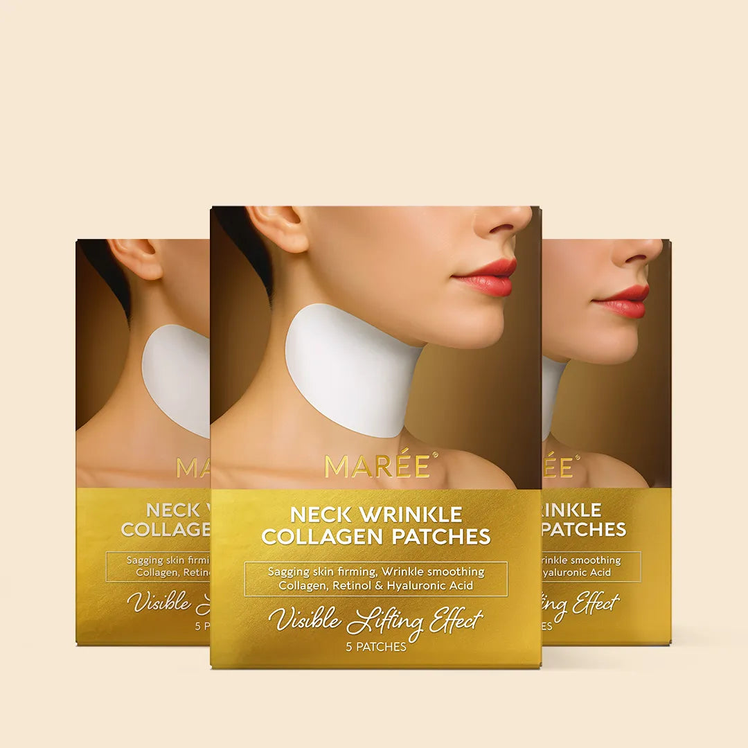 Packaging of Maré neck wrinkle collagen patches on a beige background