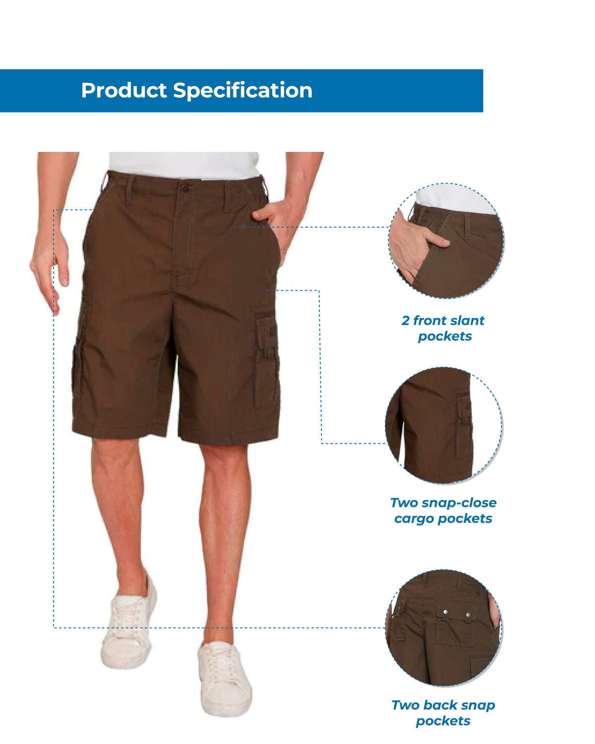 Turtle Bay men's elastic waist cargo shorts, product information graphic