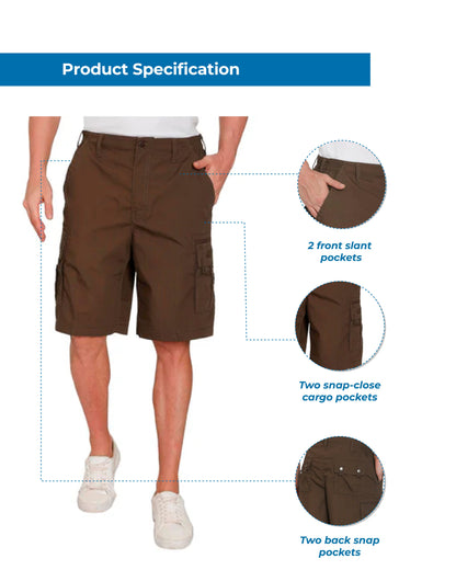 Turtle Bay men's elastic waist cargo shorts, product information graphic