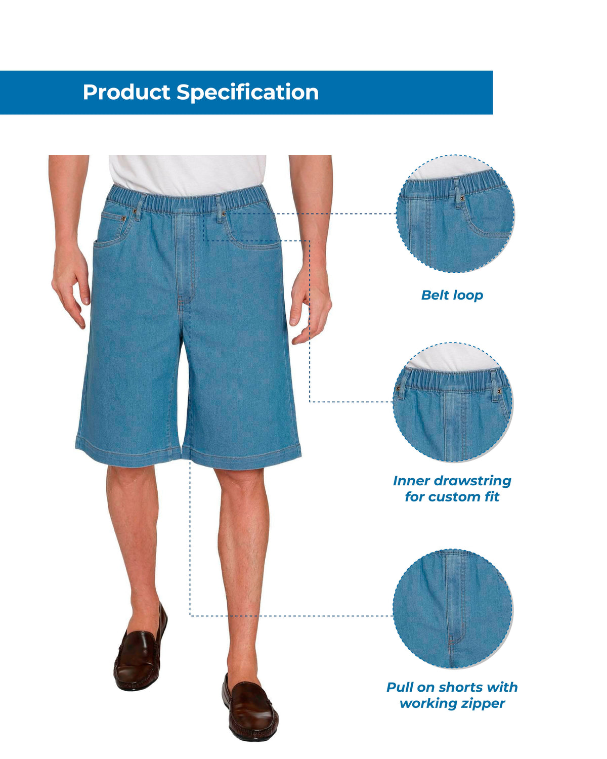 Turtle Bay men's pull-on stretch denim and twill shorts, product information graphic