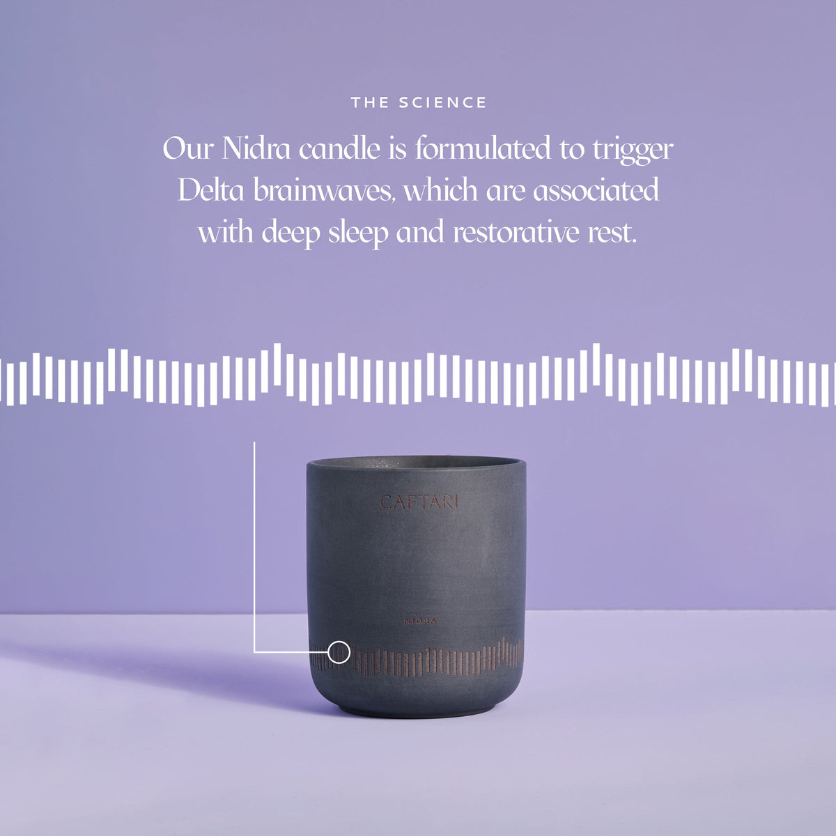 Nidra candle on a purple background, product graphic
