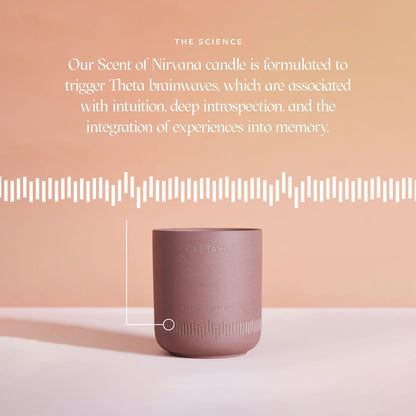 Scent of Nirvana candle on a peach background, product graphic