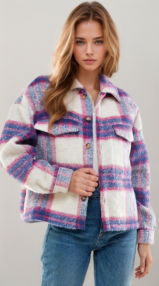 Fitkitty Culture Soulful Serenity brushed plaid shacket in denim blue and pink, main product image