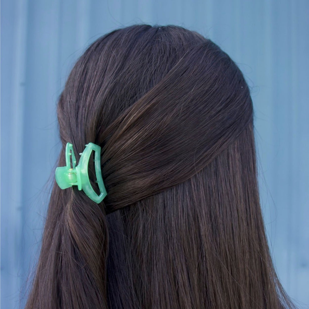 Person with a green hair clip in their brown hair against a blue background