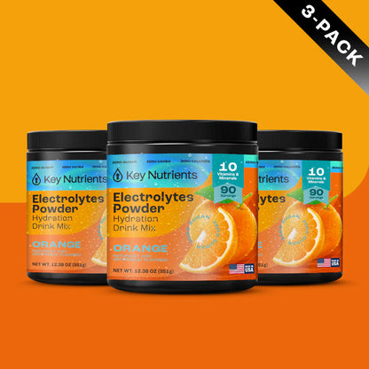 Key Nutrients Electrolyte Recovery Plus powder in Orange, three-pack, color packaging shot