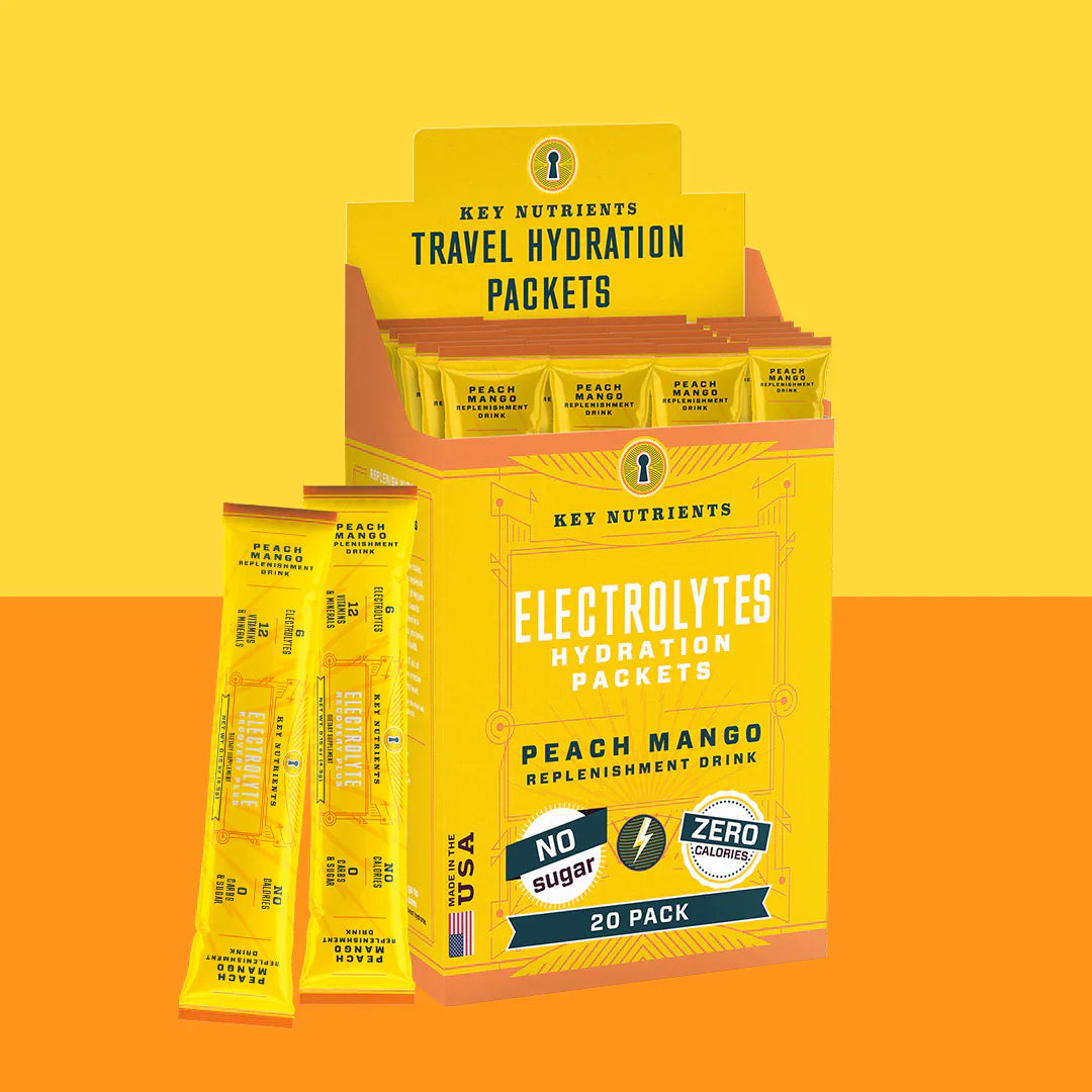 Key Nutrients Electrolyte Recovery Plus powder in Peach Mango, single-serve packet packaging