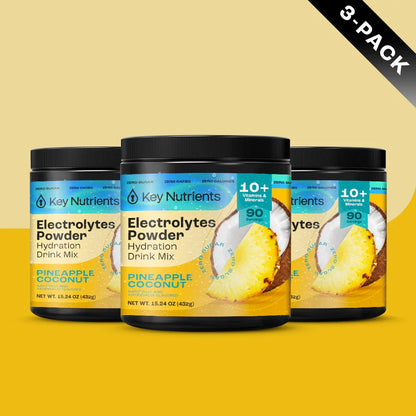 Key Nutrients Electrolyte Recovery Plus powder in Pineapple Coconut, three-pack, color packaging shot