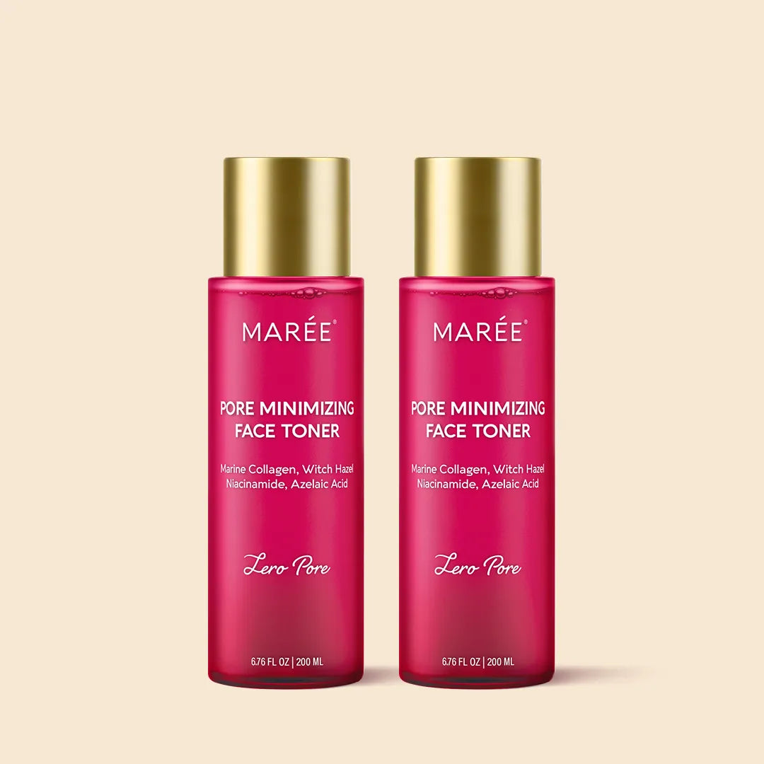 Two bottles of Marée Pore Minimizing Face Toner on a beige background