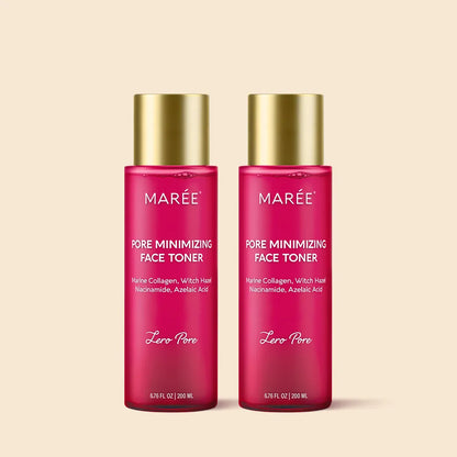 Two bottles of Marée Pore Minimizing Face Toner on a beige background