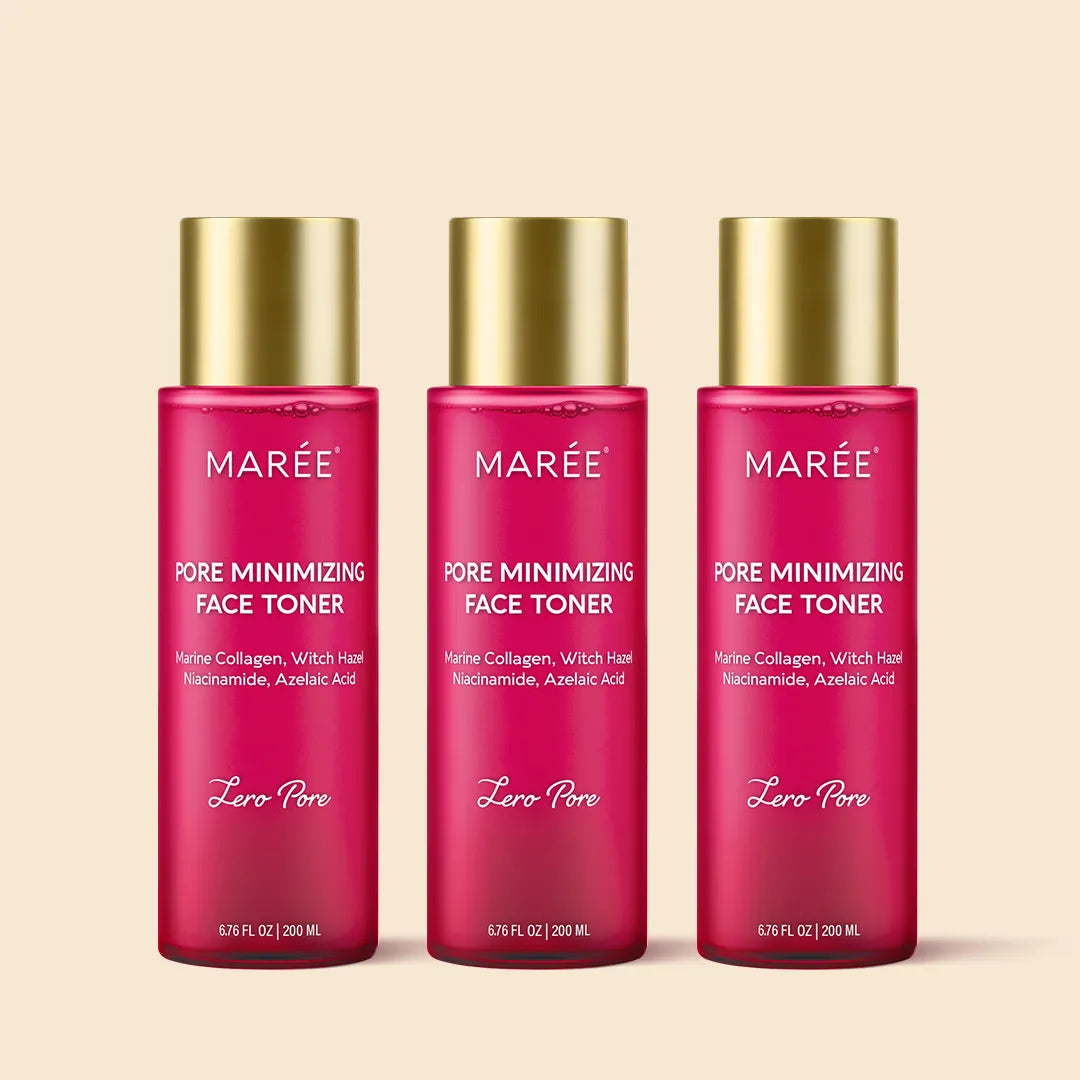 Three bottles of Marée pore minimizing face toner on a beige background