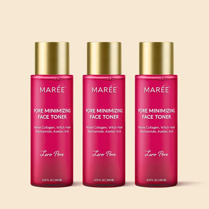 Three bottles of Marée pore minimizing face toner on a beige background