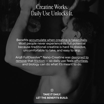 Black and white advertisement for Arq8 FullDissolve Nano-Creatine with text about daily use and benefits.
