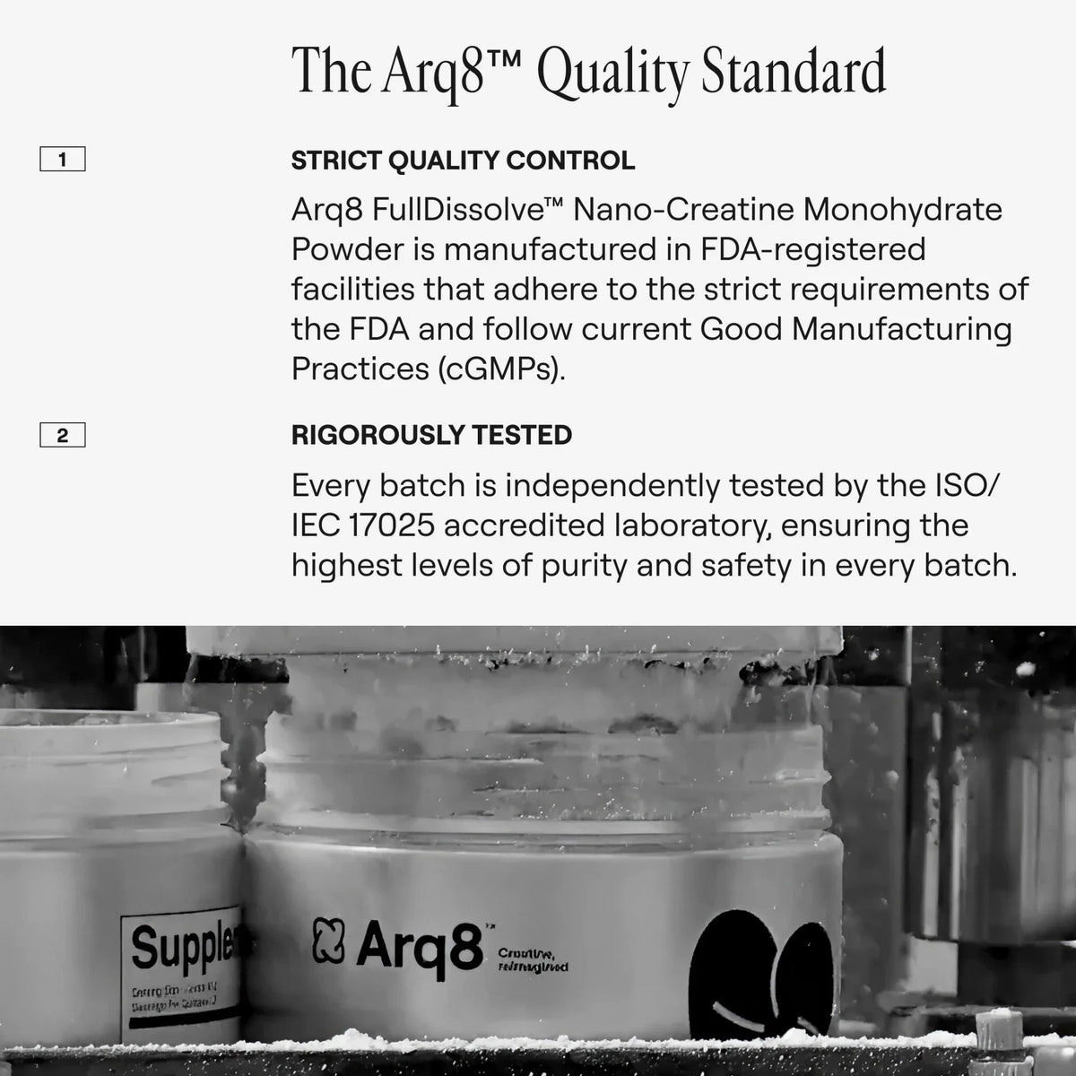 Arq8 Nano-Creatine Monohydrate Powder packaging with quality control text overlay
