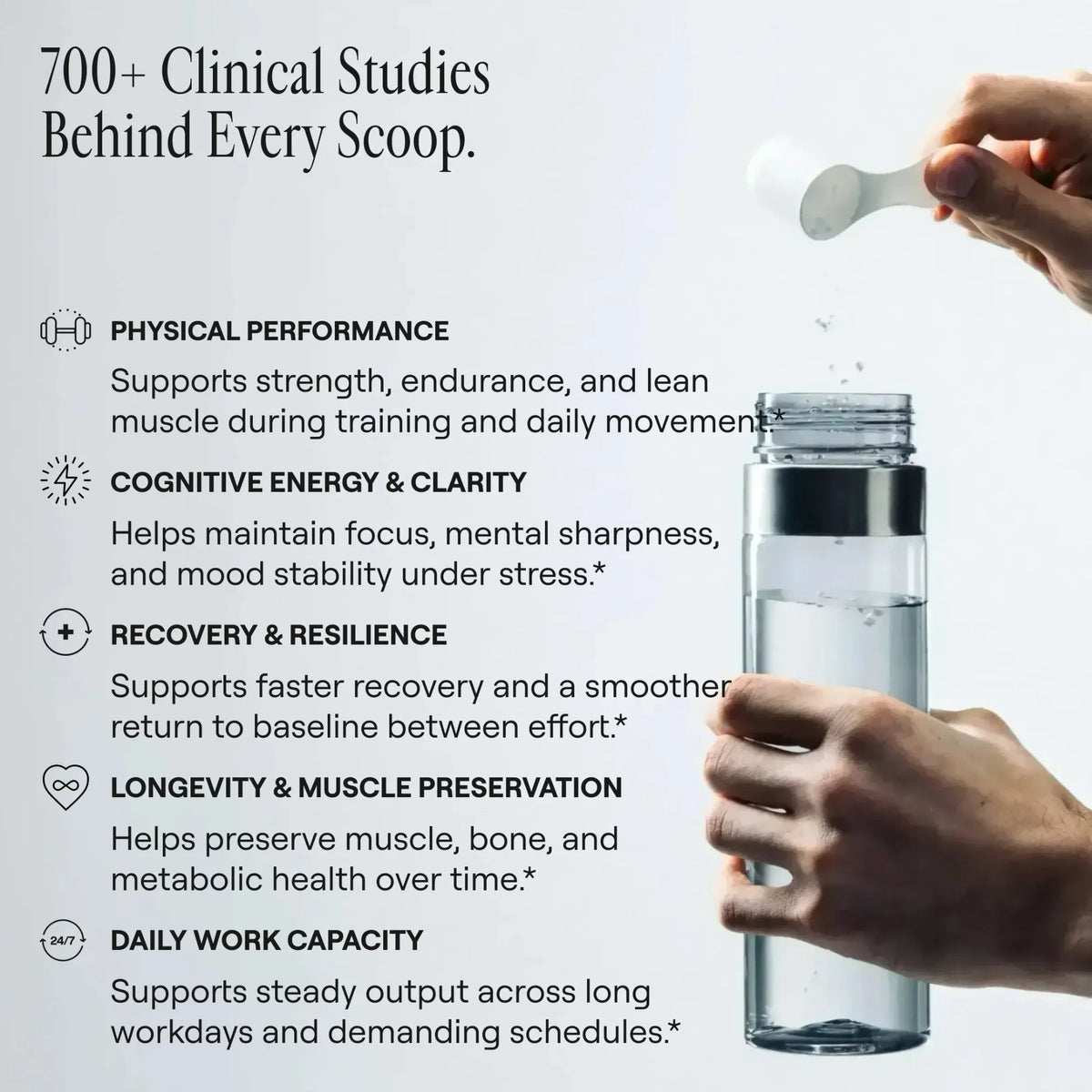 Product with text highlighting clinical studies and benefits on a light background