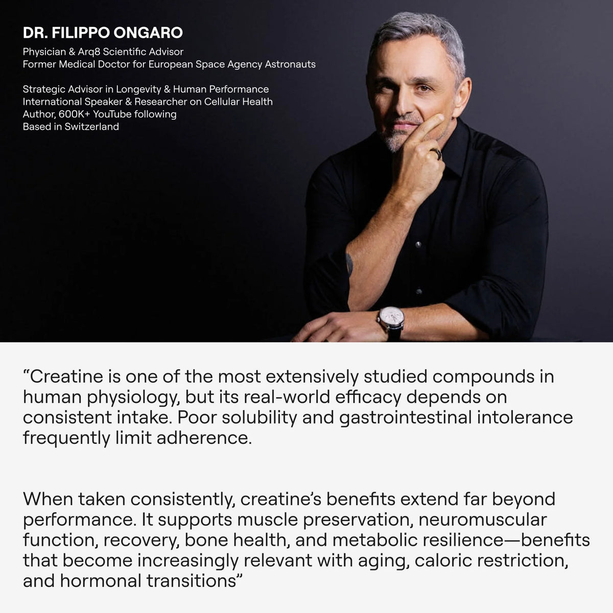Man in black shirt with text about creatine and its benefits