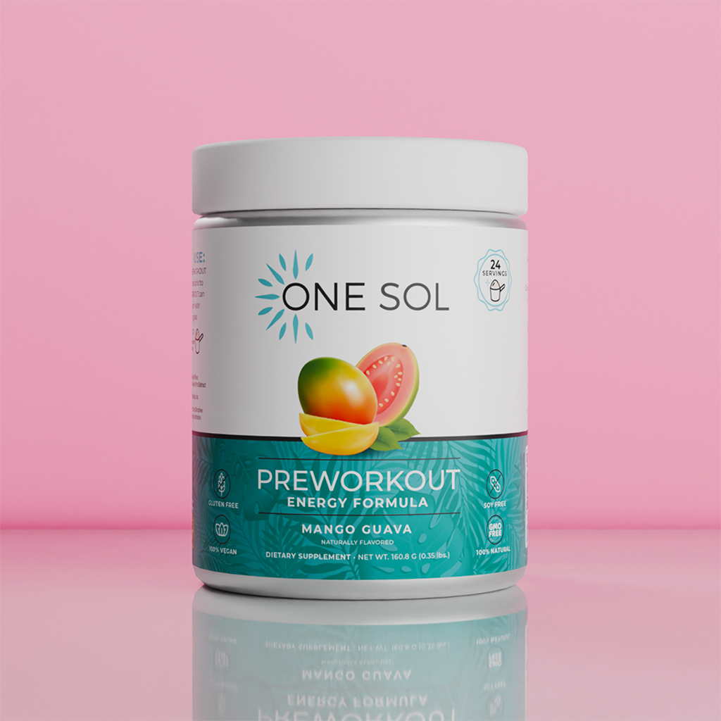A white plastic tub of One Sol Preworkout Energy Formula in Mango Guava flavor, featuring a teal lower band with fruit illustrations, set against a solid pink background with a soft reflection below.