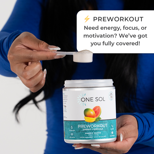 Person holding a scoop of preworkout powder from ONE SOL with text about energy, focus, and motivation.