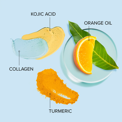 Illustration of kojic acid, collagen, orange oil, and turmeric on a light blue background