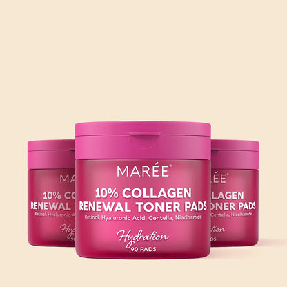 Three jars of Mareé 10% Collagen Renewal Toner Pads on a beige background