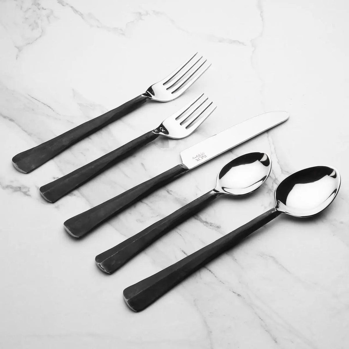 Close view of the hammered finish on INOX Artisans Ridge flatware