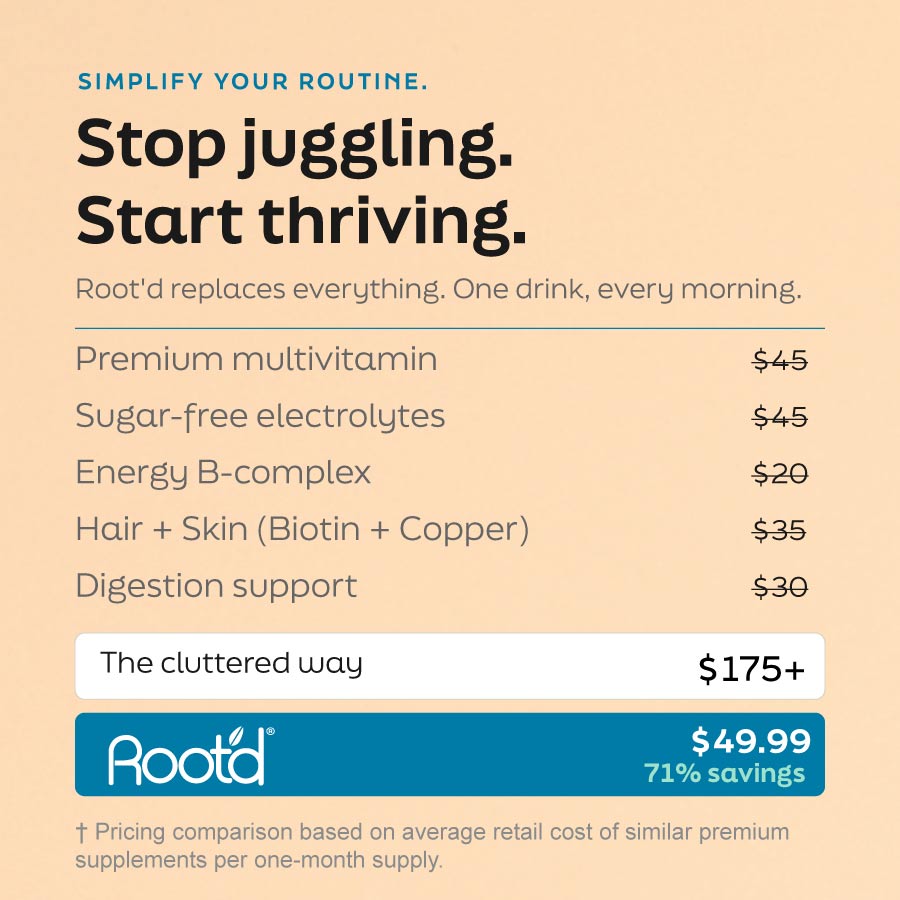 Advertisement for Rootd supplements with pricing and savings information on a beige background