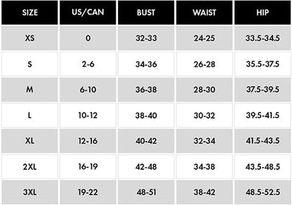 Size chart for clothing with measurements in US/Canadian sizes.