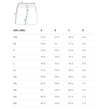 Baha Ranch Yeehaw Turquoise Cattle Brands men's swim trunks, size chart with waist and hip measurements
