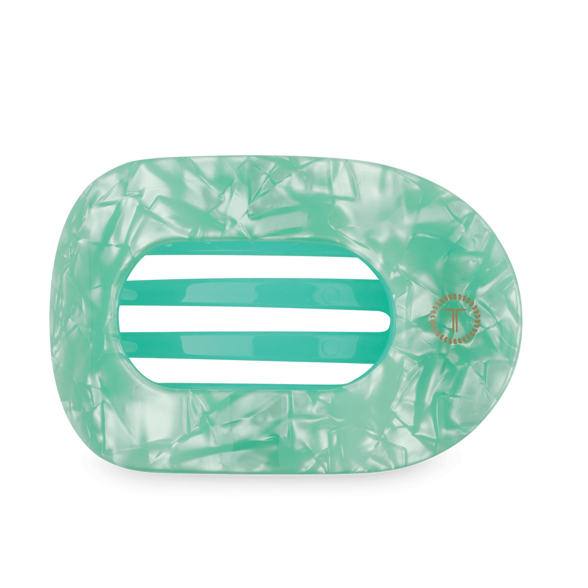 A mint green translucent hair claw clip with a marbled pattern and three horizontal slits, shown on a white background.