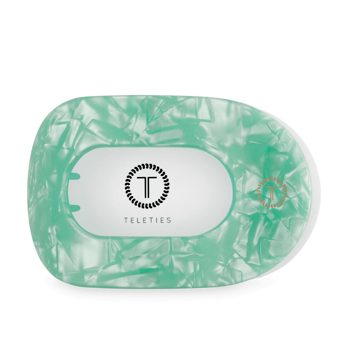 TELETIES Spring Splash large flat round hair clip in mint green marbled resin, on a green background