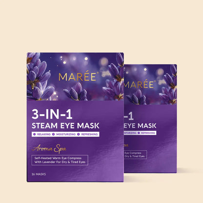 Two packages of Maree 3-in-1 Steam Eye Mask with lavender design on a beige background