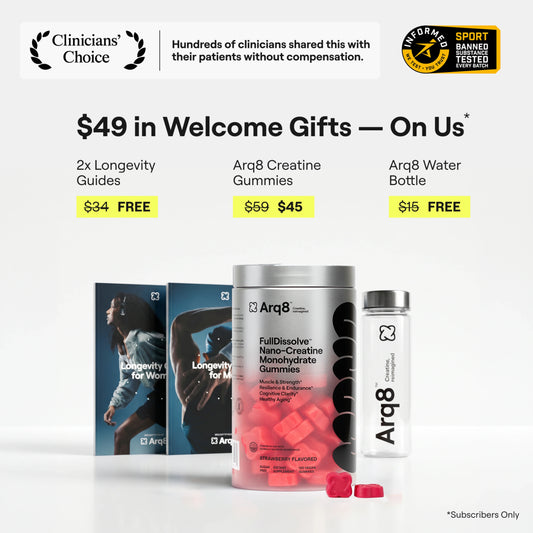 Arq8 starter kit with longevity guides, creatine gummies, and a water bottle on a white background.
