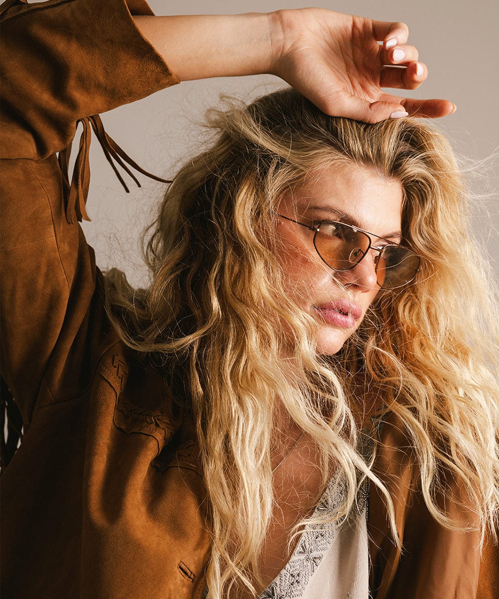 Sienna Aviator Sunglasses in Brown, styled photo