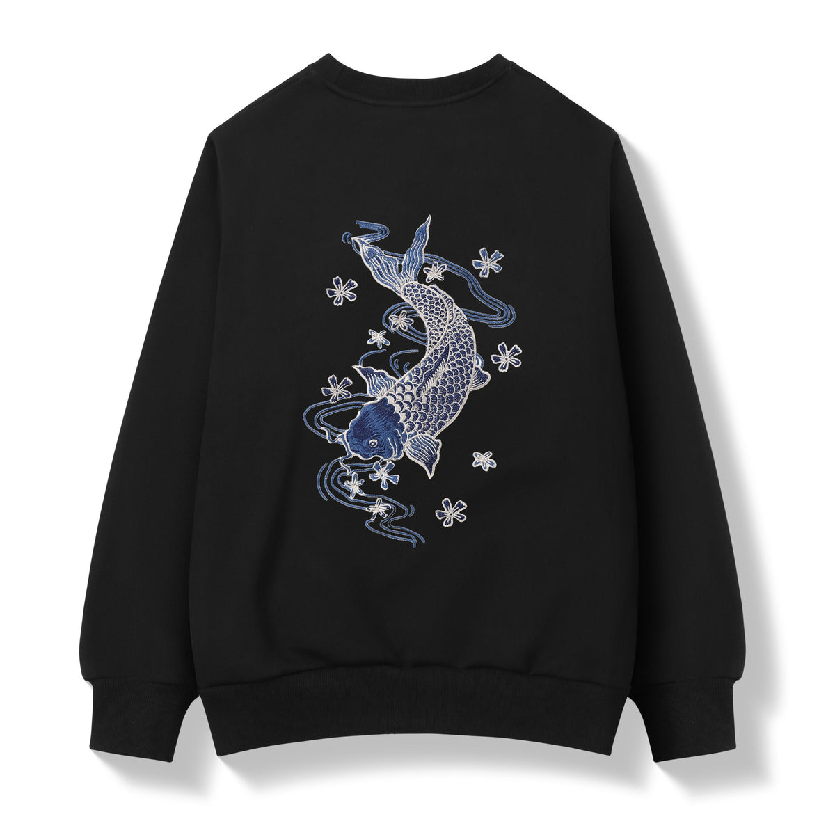 Black sweatshirt with blue and white fish design on a white background
