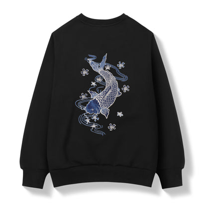 Black sweatshirt with blue and white fish design on a white background