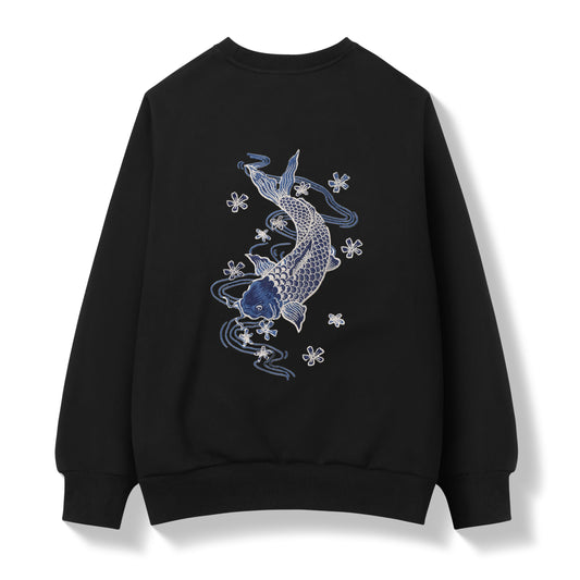 Black sweatshirt with blue and white fish design on a white background