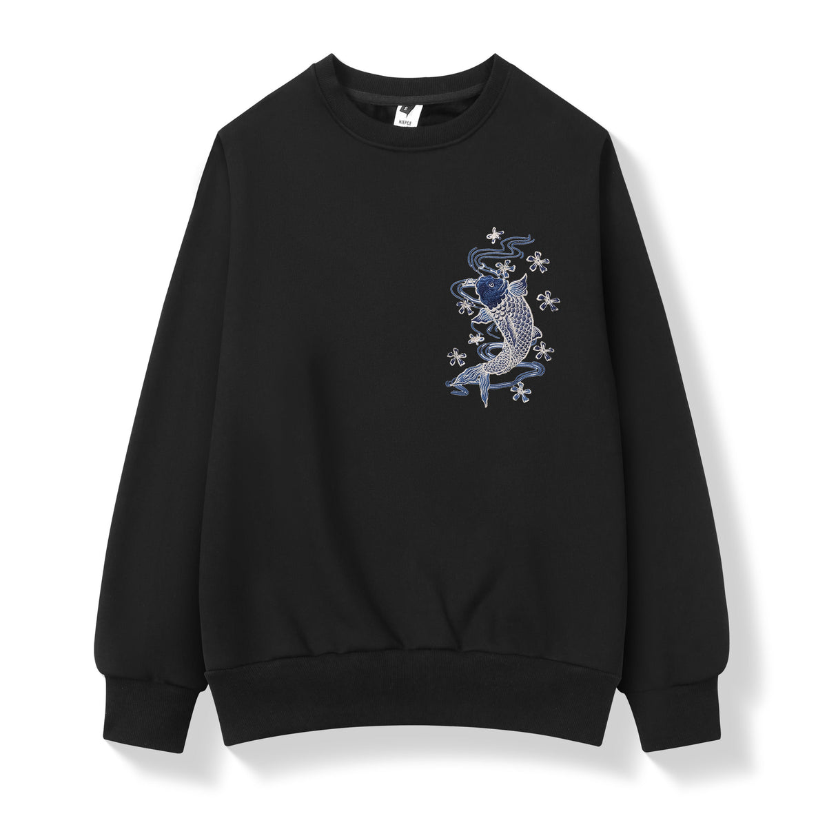 Black sweatshirt with a blue and white embroidered design on a white background